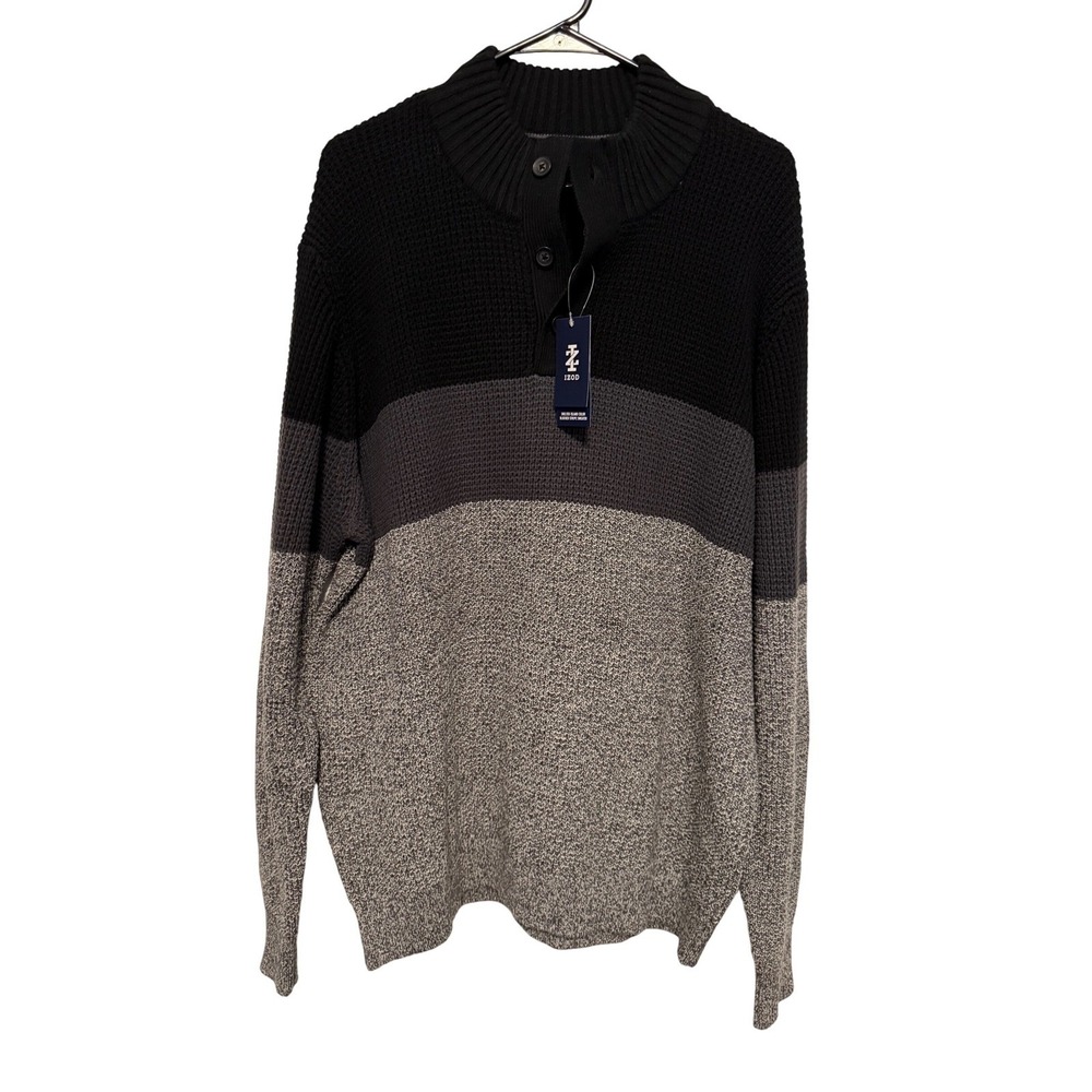 IZOD Men's XL Black Grey Color Block Henley Sweater Natural Stretch‎ Easy Care